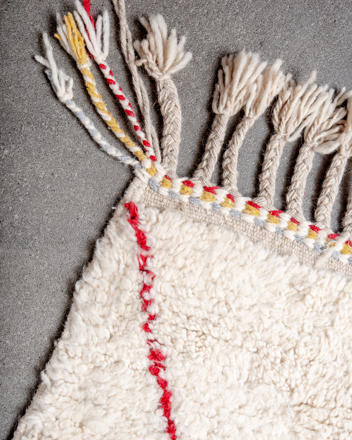 Modern, designer, handcrafted Berber rug from Morocco. Beniourain carpet with beautiful colours and patterns and fluffy wool texture.